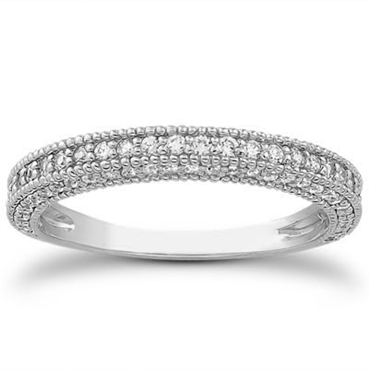 14k White Gold Fancy Pave Diamond Milgrain Textured Wedding Ring Band in a sleek high-contrast midnight luxury editorial styl